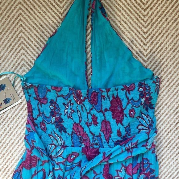 NWT Caroline Constas Criss Cross Halter Floral Maxi Cotton Dress Size M Turquois - Picture 4 of 6